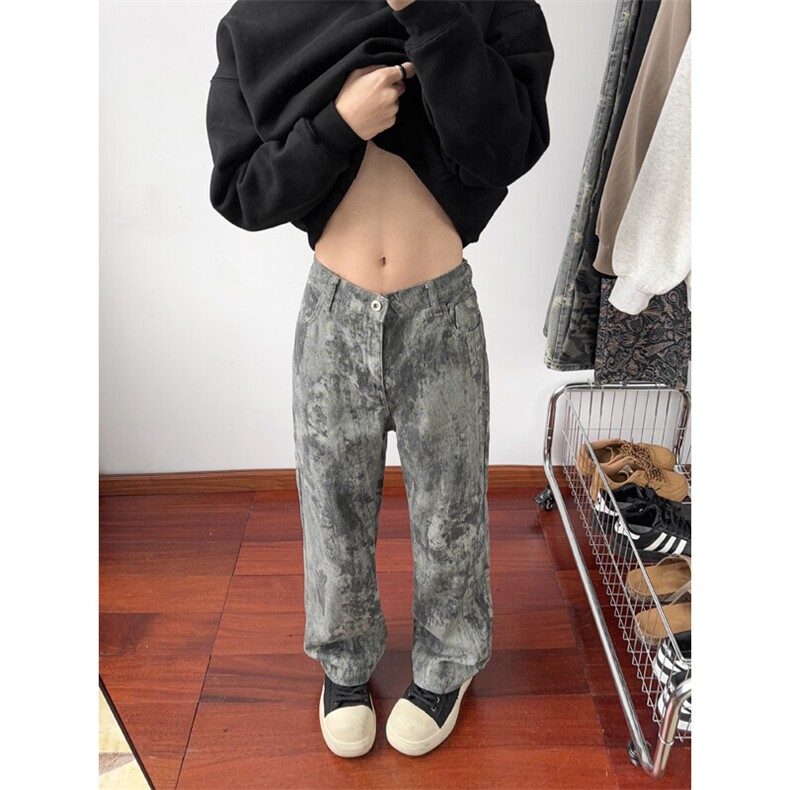 B221美式ins高街暗黑宽松直筒迷彩牛仔裤LK24405-特P45控78,男装牛仔裤,电商B221