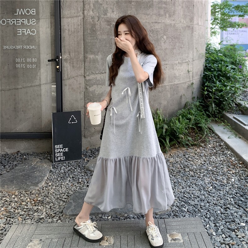 设计感学院风灰色连衣裙女2025夏新款宽松减龄网纱拼接T恤裙长裙,女装连衣裙,2C201