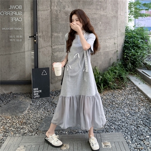 设计感学院风灰色连衣裙女2025夏新款宽松减龄网纱拼接T恤裙长裙图片