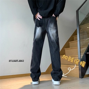 美式ins高街hiphop重工艺水洗工装加绒加厚牛仔裤货号加绒K691图片