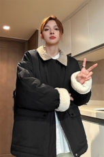 中性风撞色灯芯绒拼接领棉衣外套女宽松羊羔绒加厚棉服G1070P128，男装棉衣，电商A339