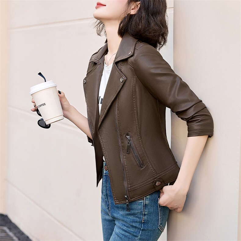 现货仿真皮外套女短款2024春秋新款时尚宽松显瘦机车皮夹克上衣，女装皮衣，美拉德工厂直营店