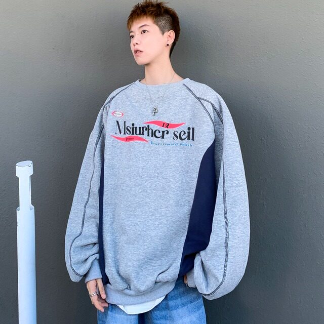 秋季美式小众情侣上衣oversize宽松复古印花撞色圆领卫衣W120/P45,男装卫衣,星座506