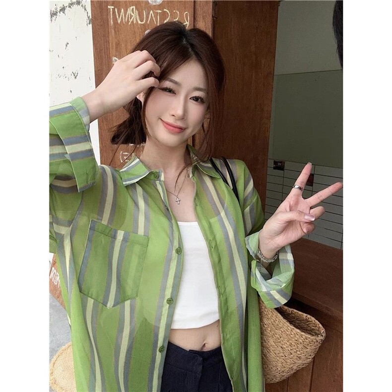 撞色条纹防晒衬衫女春夏薄款宽松显瘦百搭长袖上衣CA102-P37,男装防晒衣,星座208-5