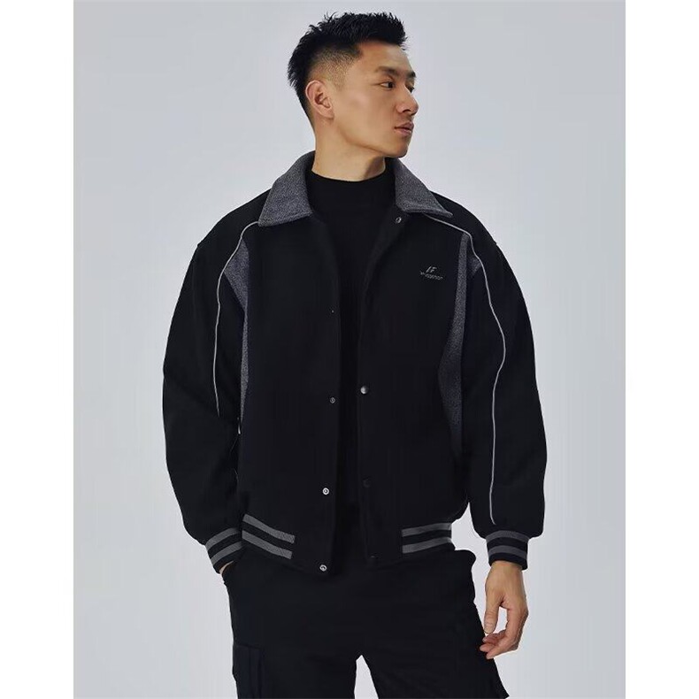 W9558-P65 网图现货 美式高街撞色拼接毛呢棒球服夹克外套图片