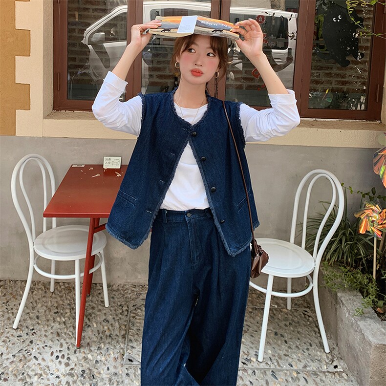 超火盐系穿搭小香风牛仔马甲套装女春秋2025新款休闲阔腿裤两件套,女装套装/套裙,浙宝305
