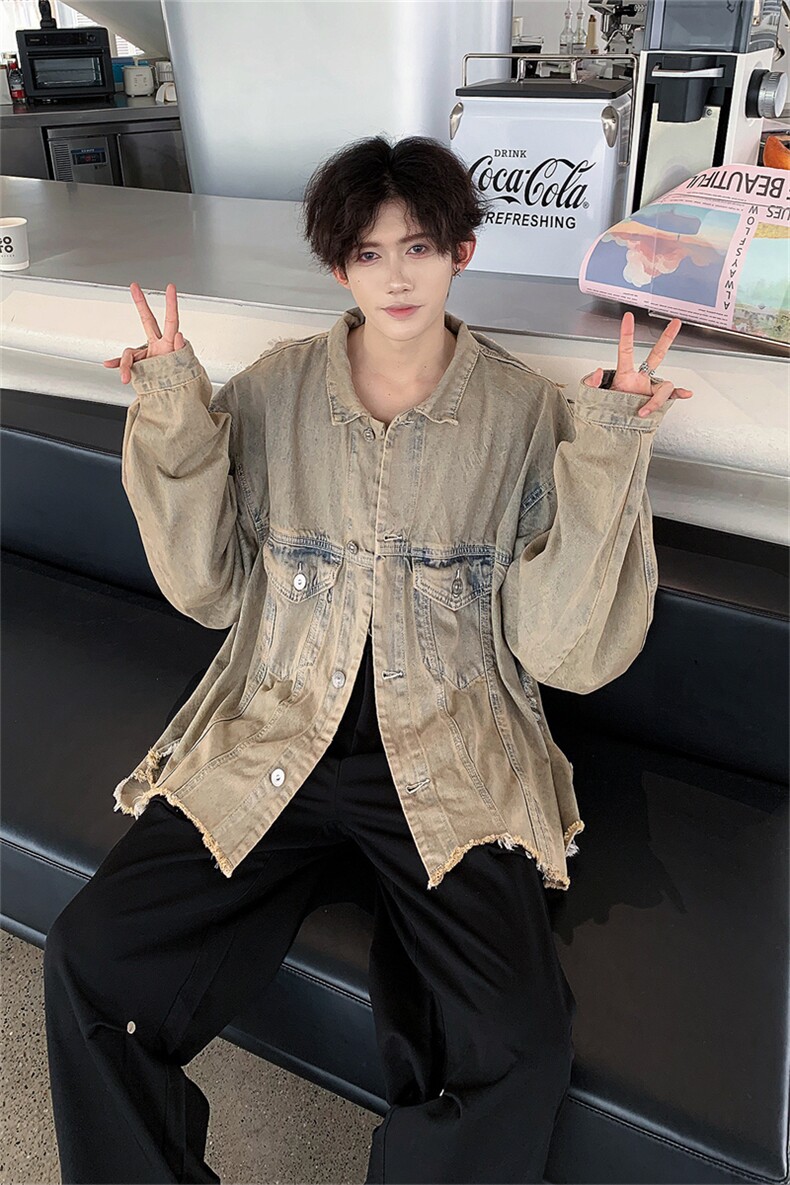 水洗复古废土风牛仔外套男春秋季美式复古设计感小众宽松短款夹克,男装工装外套,星座505-2（原电商A260-1)