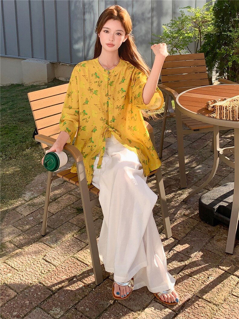 新中式印花宽松喇叭袖时尚气质小衫,女装衬衫,水衣源
