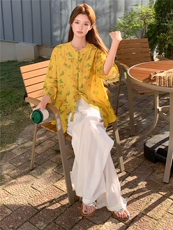 新中式印花宽松喇叭袖时尚气质小衫，女装衬衫，水衣源
