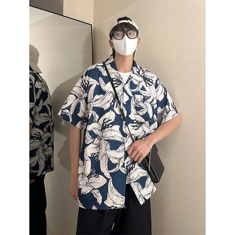 花衬衫男韩版潮流短袖痞子帅气高街2026夏季新款ins衬衣CY195-P26,男装T恤,星座412