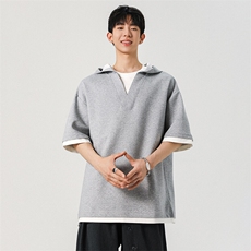 抖音品质夏新款休闲运动套装连帽T恤男叠穿两件套225-2-6623-P40，男装T恤，星座225-2