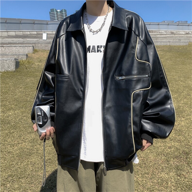 美式复古机车皮衣外套男飞行员夹克潮牌街头宽松翻领休闲pu皮上衣图片