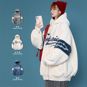 冬款加绒加厚羊羔绒棉衣中性风刺绣连帽外套男女 920-P110控价158图片