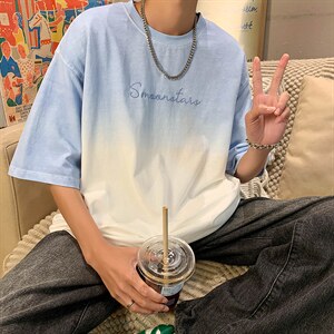 夏季渐变韩版宽松上衣男新款字母短袖高级感情侣短袖 T1111-P24图片