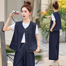 复古时尚蓝色牛仔搭配一整套女2025春秋新款休闲马甲阔腿裤三件套，女装套装/套裙，盈茜