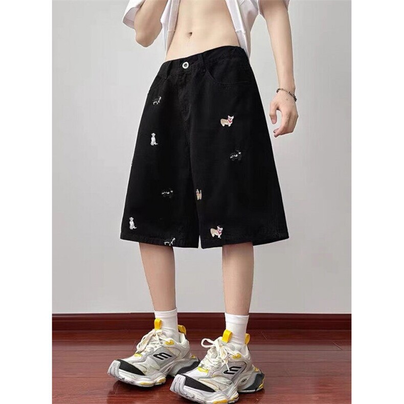 趣味小狗刺绣牛仔短裤男女夏季宽松直筒半松紧阔腿五分裤NE150,男装牛仔裤,星座1116A（原606A-3）