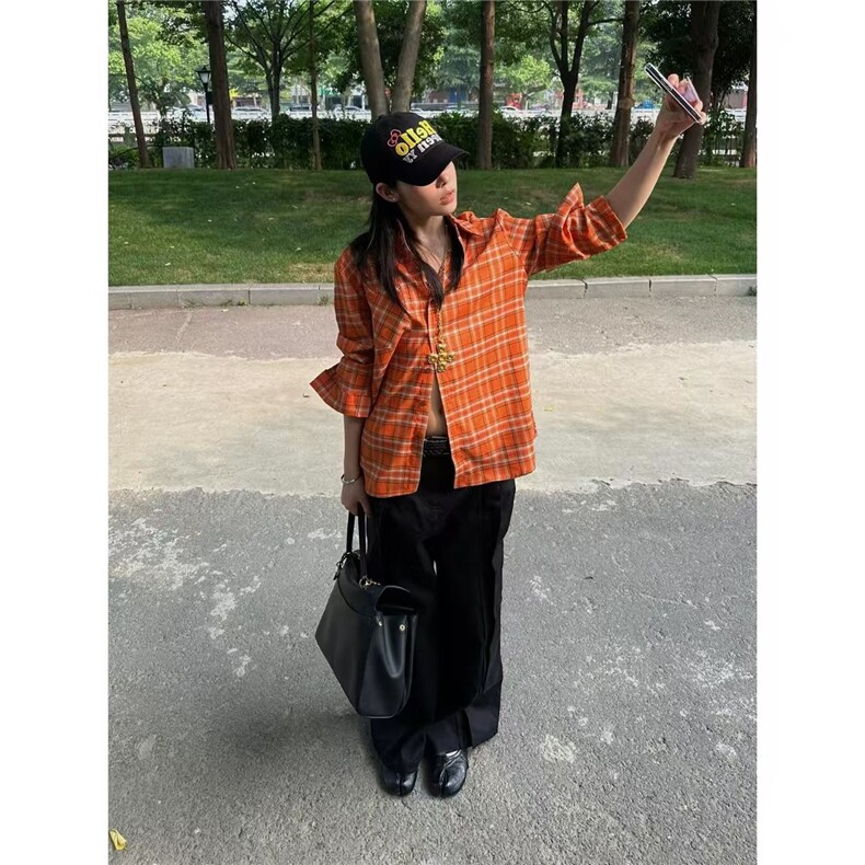 美式复古撞色宽松翻领薄款格子防晒POLO衫长袖衬衫女夏季外搭上衣,男装Polo衫,星座1210-1