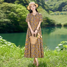宽松休闲棉麻连衣裙女夏季薄款2025新款遮肚显瘦洋气减龄碎花裙子，女装连衣裙，倪叶myz