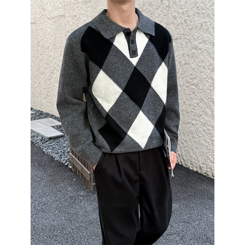 A135-2523美式复古撞色格子毛衣高品质三色潮毛衣P88控129，男装针织衫/毛衣，电商A135（原星座819）
