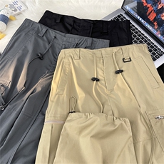秋冬男裤工装口袋拉链褶皱拼接纯棉抽绳束脚长裤h2810P65，男装休闲裤，星座1013-1