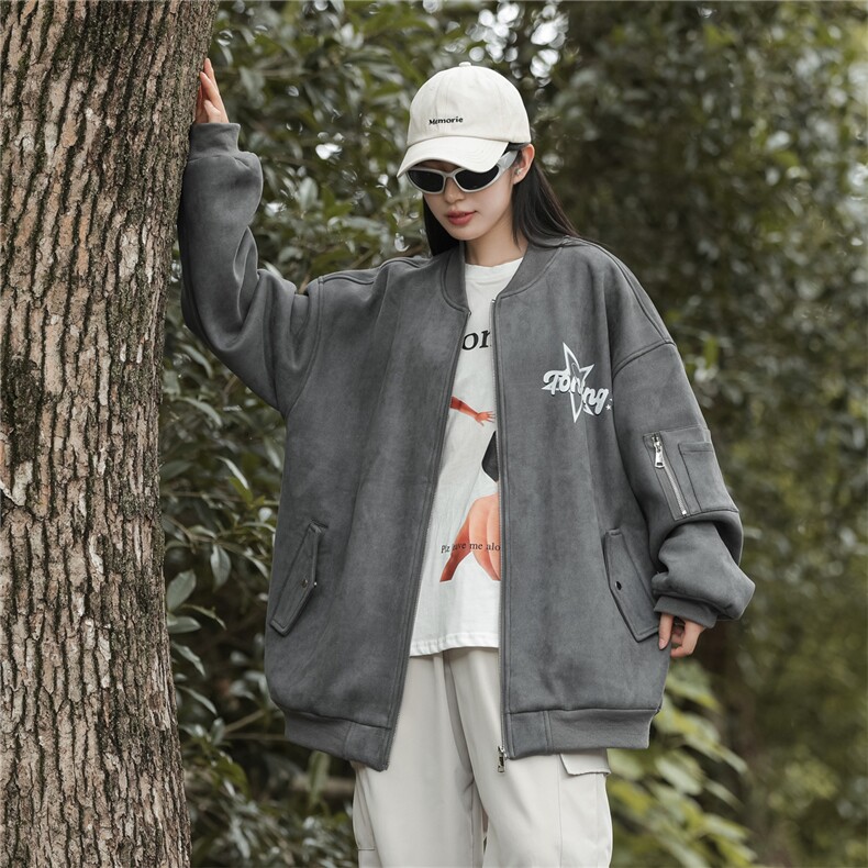 24春秋款美式复古麂皮绒飞行棒球服男女夹克外套JF251-P80控108图片