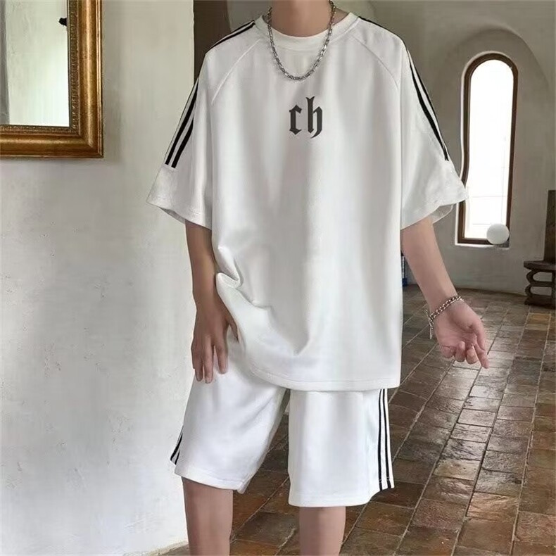 2026新款夏季上衣裤子休闲运动男夏青少年复古短裤两件,男装休闲套装,星座218-1（原230）