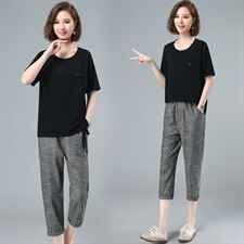 2021夏季新款气质减龄圆领个性抽绳T恤+休闲裤套装，女装套装/套裙，简韵佳