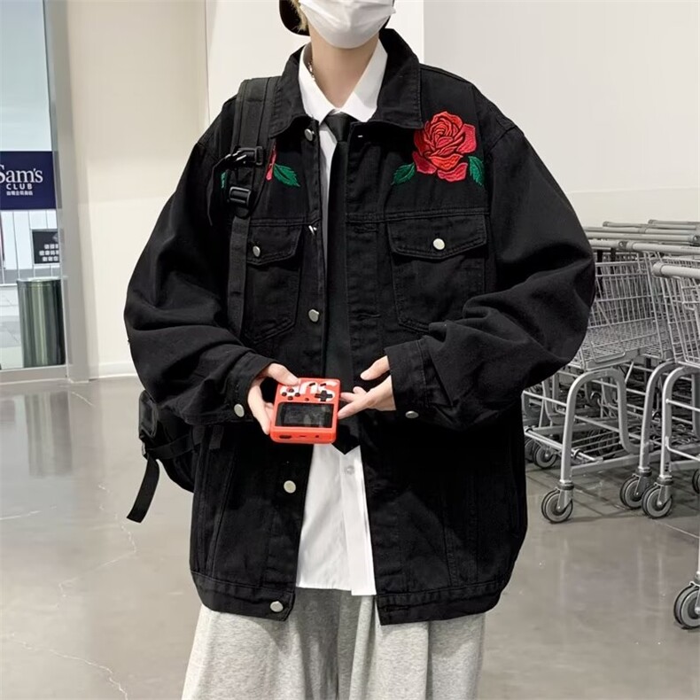 美式复古高街玫瑰花牛仔外套男宽松原宿港风薄款棒球服 W5007-P64图片