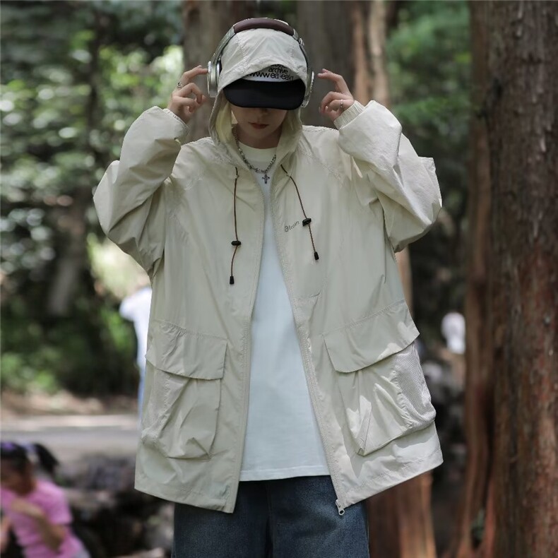 新款工装大口袋连帽防晒服情侣休闲冲锋衣男潮牌薄外套FS9258-p45,男装防晒衣,星座1008-1