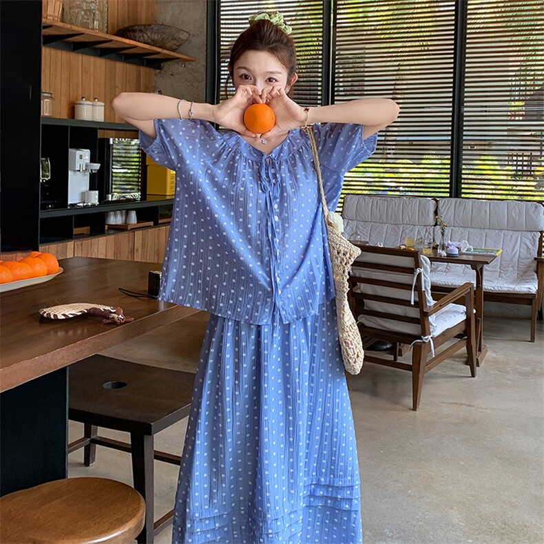 盐甜系度假风波点套装裙女2025夏新款短袖衬衫半身裙小个子两件套,女装套装/套裙,浙宝305