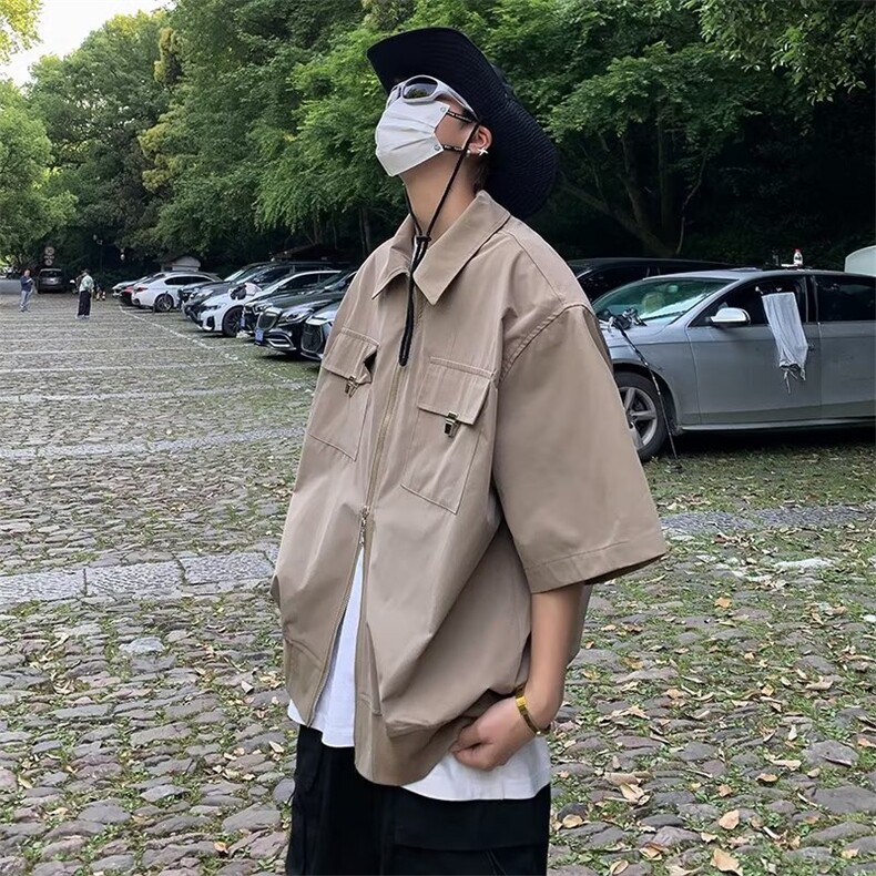 卡其色cleanfit短袖男款衬衫高级感工装夹克双头拉链短款外套,男装衬衫,星座601-2