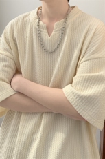 纯色肌理感V领短袖T恤男夏季美式潮牌宽松大码防晒情侣款半袖体恤，男装T恤，电商A001