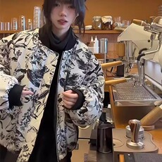 美式复古水墨画双面穿夹克棉服男女冬季设计感加厚bomber棉衣外套，男装夹克，星座1210-1