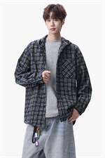衬衫男春季新款港风宽松连帽大码格子长袖衬衣CS1982-P42，男装衬衫，星座214-3