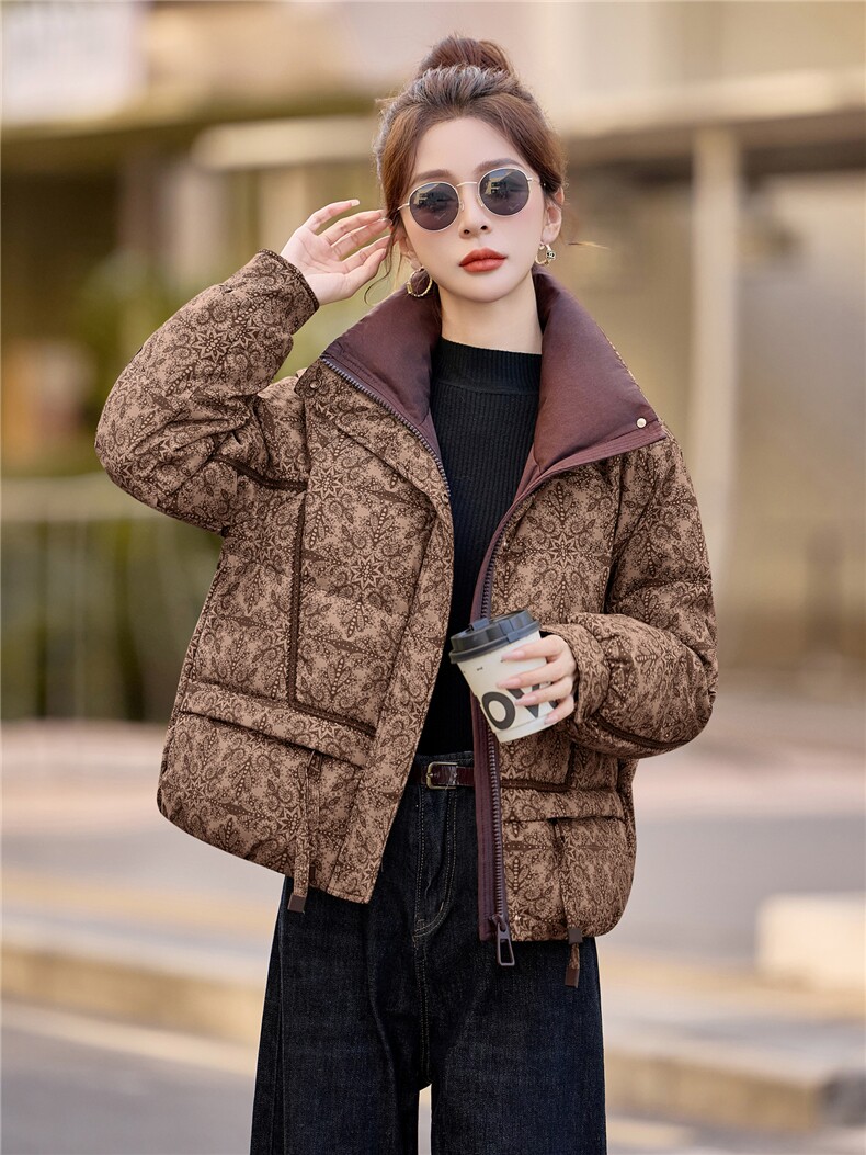 90绒白鸭绒羽绒服女2025冬季新款印花复古优雅加厚保暖,女装羽绒服,余墨
