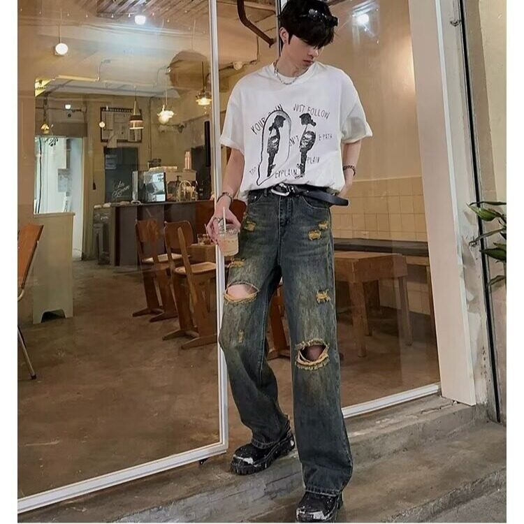 DK62-P55美式破洞牛仔裤男夏季薄款宽松拖地长裤子男-网图现货,男装牛仔裤,星座603-2
