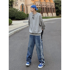 B221美式ins高街小众宽松三条杠运动牛仔裤LK23130-P60控78，男装牛仔裤，电商B221