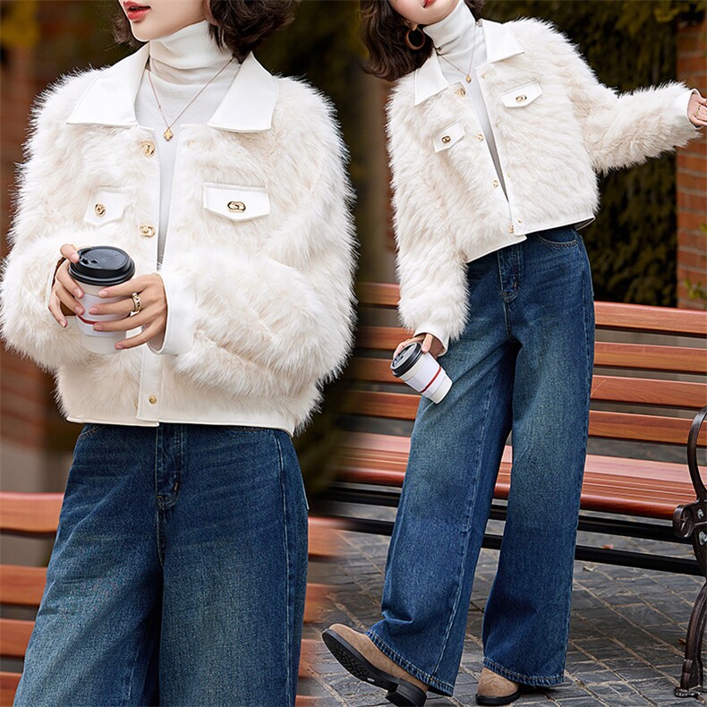 仿狐狸毛环保皮草外套女冬季小香风翻领年轻款气质拼皮风高端上衣，女装皮草，江南女神