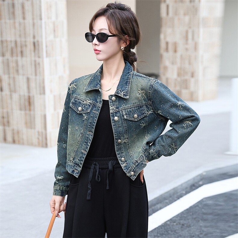早秋新款牛仔外套女2024休闲韩版时尚刺绣蝴蝶结烫钻洋气百搭上衣，女装牛仔外套，跑量工厂店