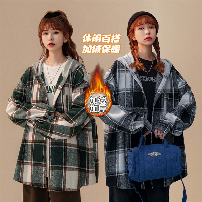 冬款大码呢料磨毛连帽中性衬衫加绒加厚衬衣外套J25858J加绒-P60图片