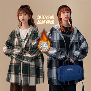 冬款大码呢料磨毛连帽中性衬衫加绒加厚衬衣外套J25858J加绒-P60图片