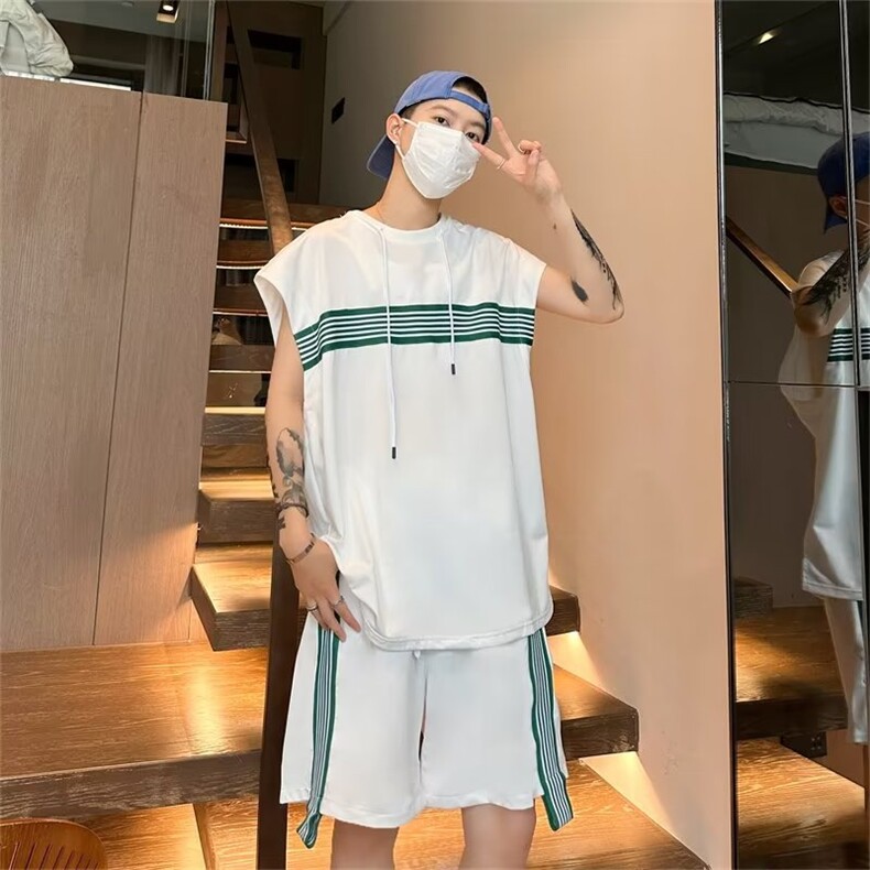 运动套装男无袖T恤条纹拼色帅气2023夏季ins假两件短裤W4846-P49,男装休闲套装,星座412-3
