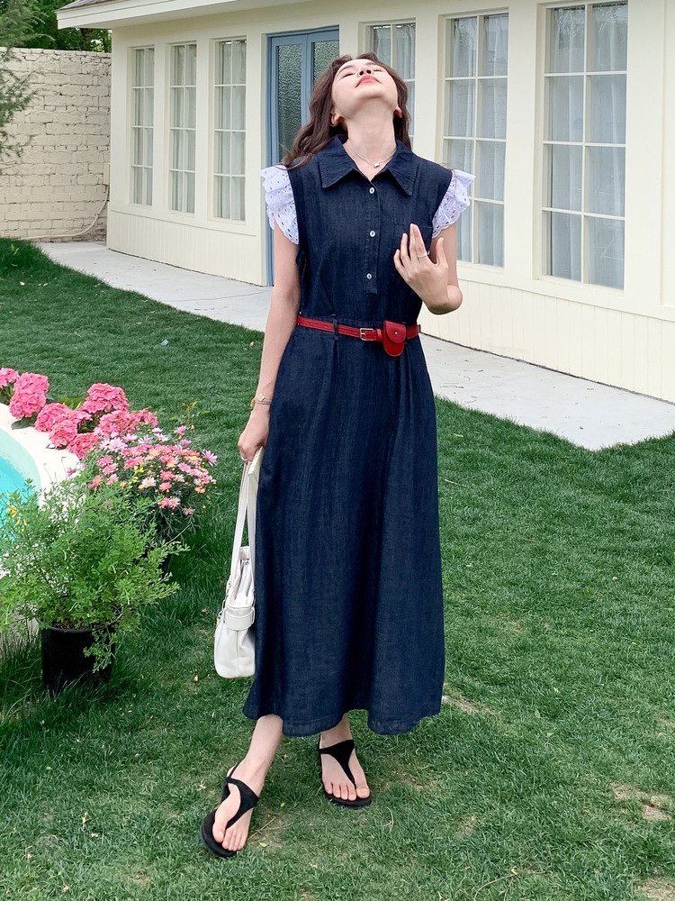 蓝色牛仔翻领连衣裙女2025年夏季新款时尚独特绝美收腰显瘦长裙子,女装连衣裙,慧尚依恋