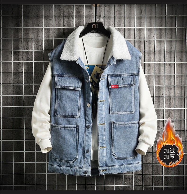 MJ208J-68-控98 M-5XL 牛仔马甲大码加绒羊羔绒网格工装ins无袖图片