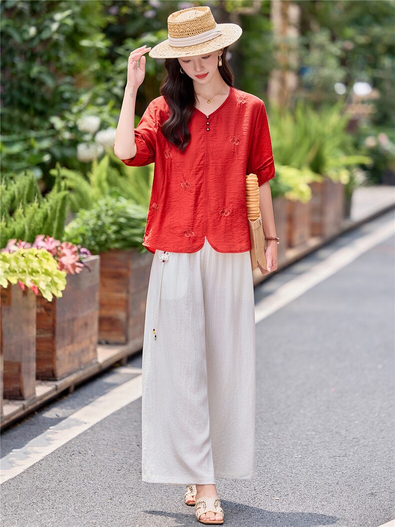 时尚洋气刺绣棉麻套装女2026夏季新款宽松遮肉显瘦阔腿裤两件套,女装套装/套裙,魅影