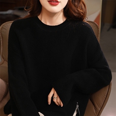 纯色慵懒针织毛衣女新款保暖套头宽松圆领百搭羊毛长袖打底衫，女装羊毛衫，美雪羊绒