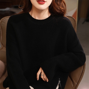 纯色慵懒针织毛衣女新款保暖套头宽松圆领百搭羊毛长袖打底衫图片