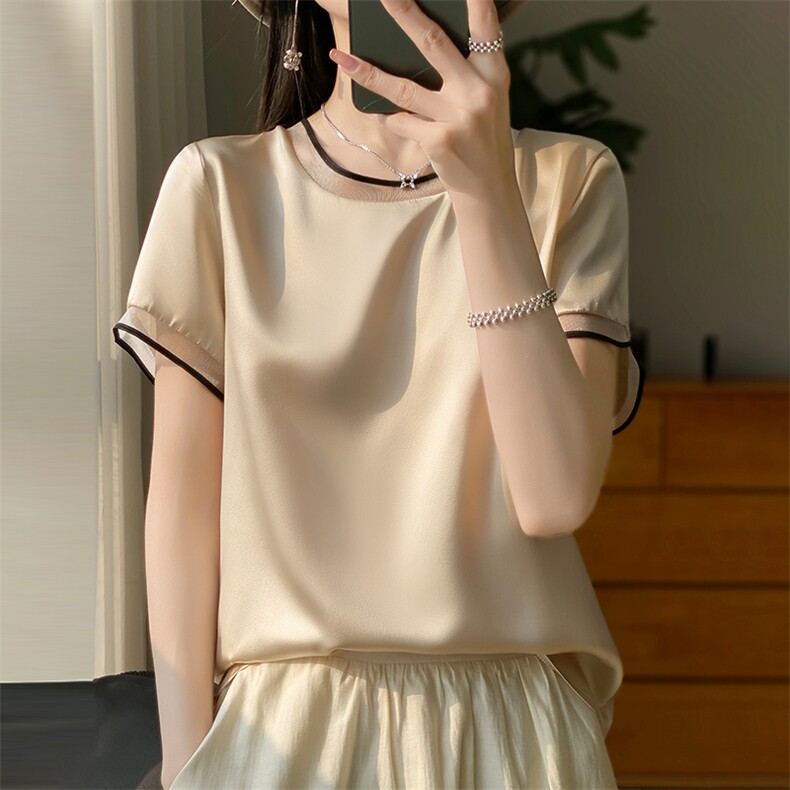 短袖女潮ins潮上衣服2024年夏季简约套头，女装蕾丝衫/雪纺衫，绒宛羊绒