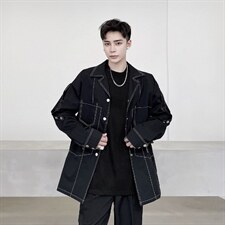 新款秋冬明线装饰腰抽绳口袋韩版翻领中长外套男A345-161-P115，女装短外套，电商A345