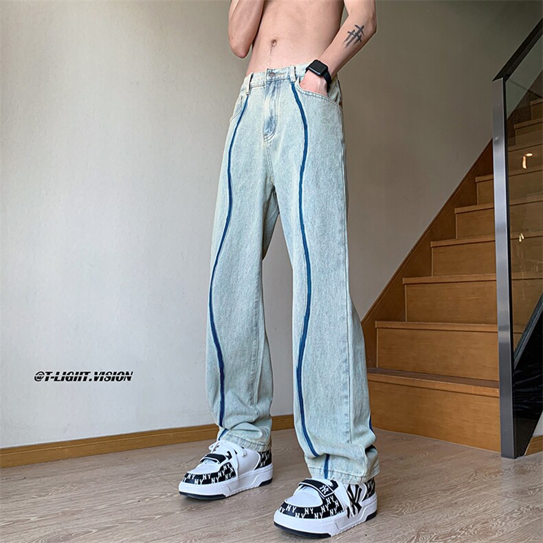 B221美式ins高街暗黑小众毛边破洞直筒牛仔裤LK23104-P65控88，男装牛仔裤，电商B221